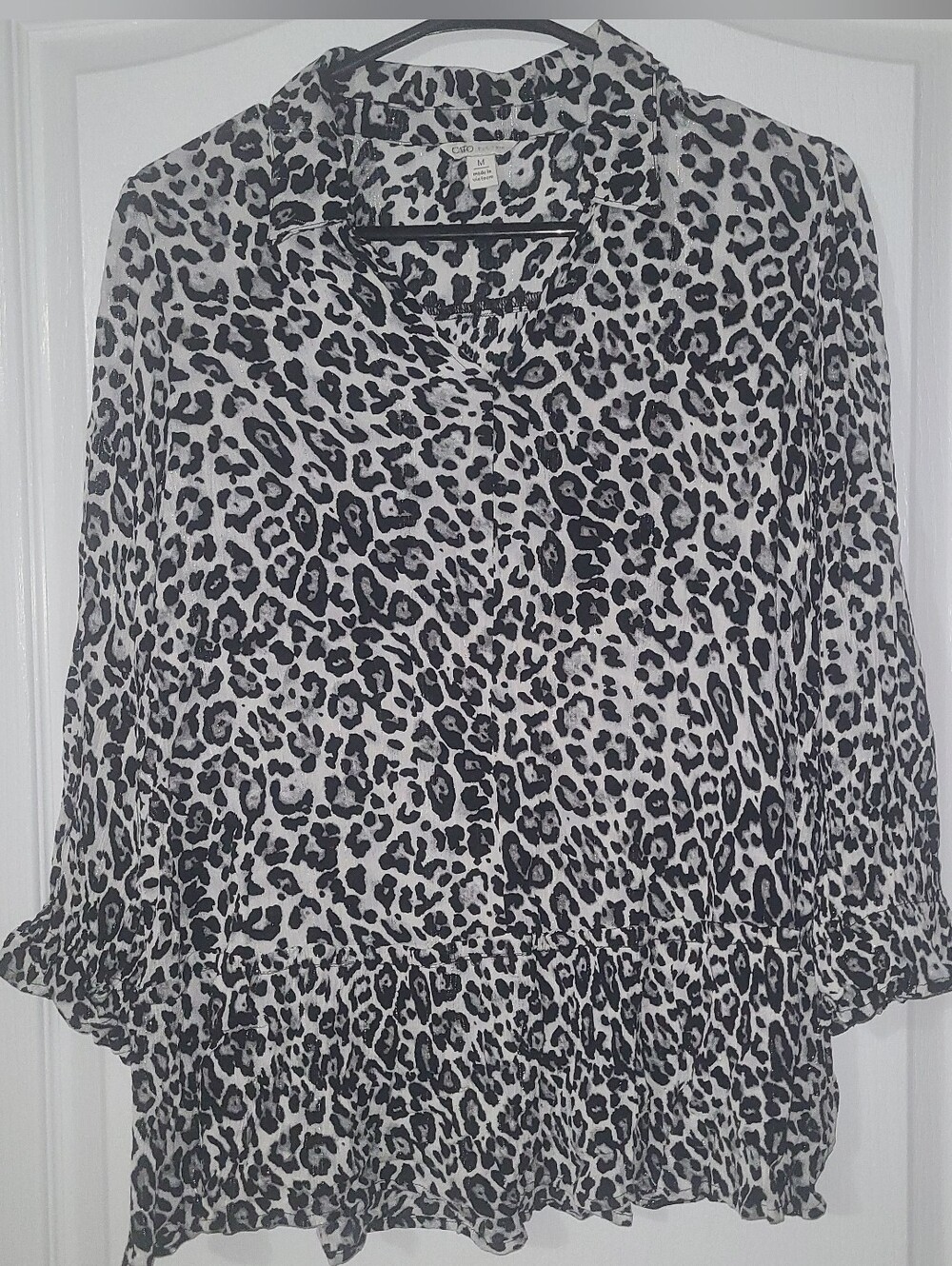 Leopard Print Blouse With Silver Threading Throughout By Cato, Size M